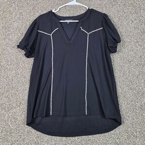 Como Black Top Women XL Black Beaded Trim V-Neck Puff‎ Sleeve CS13809BC